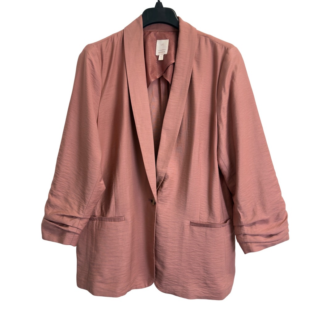 LC Lauren Conrad Pink Ruched Sleeve Shawl Collar Blazer XL Rose Gold Tone